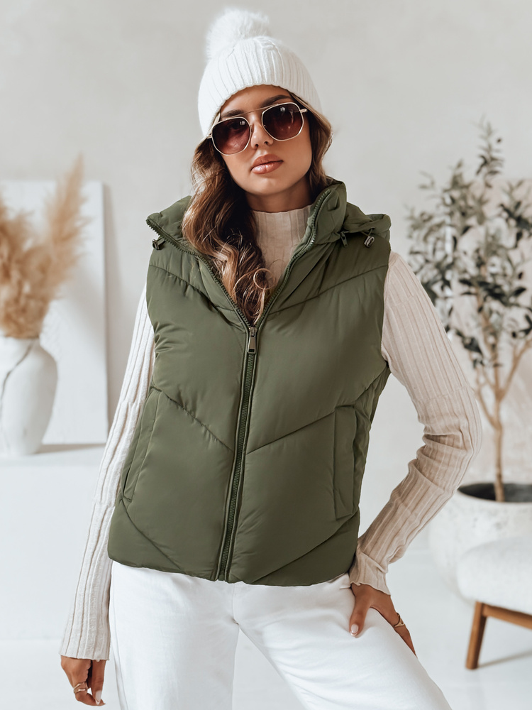 Kaki dámska prešívaná vesta LIKEHUGS s kapucňou TY4977 Veľkosť: S