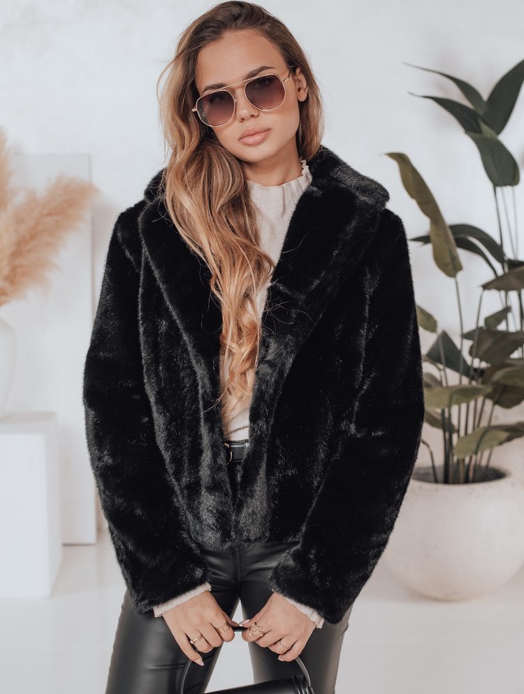 Čierny dámsky kožúšok s klasickým golierom GLAMFLUFFY TY4985 Veľkosť: S