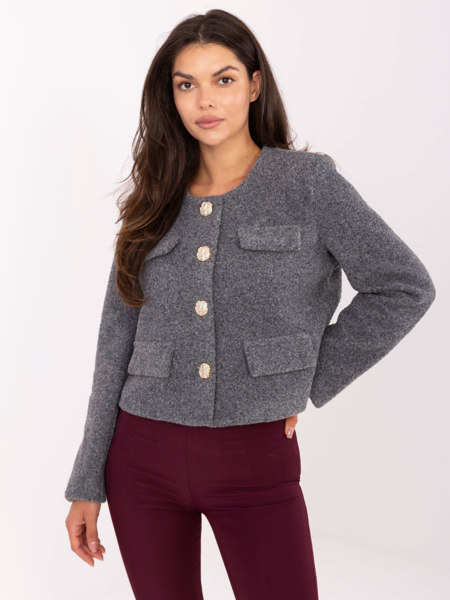 Šedá dámska krátka prechodová bunda s podšívkou IT-KR-FL9586.64-dark grey Veľkosť: L/XL