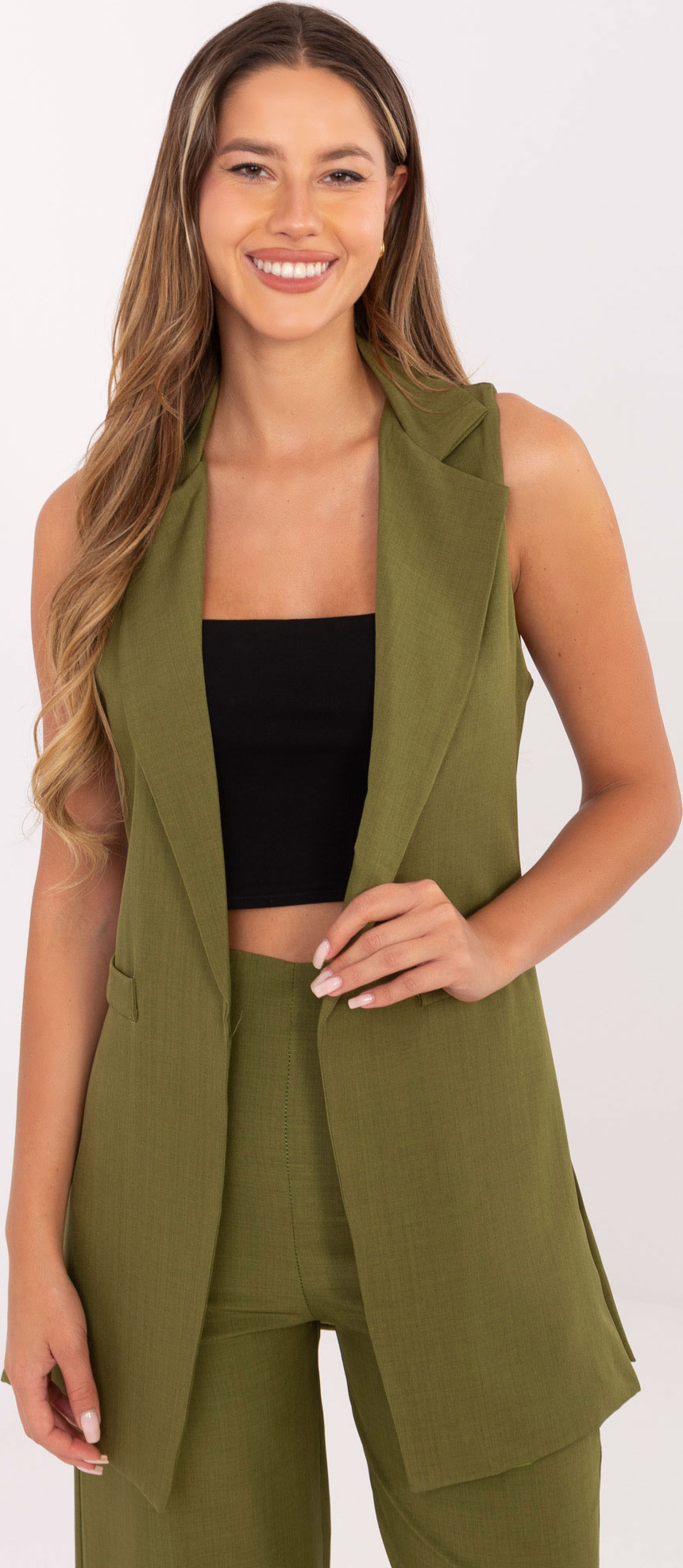 Elegantná dámska olivová vesta s golierom IT-KZ-FL5069.84-olive Veľkosť: S