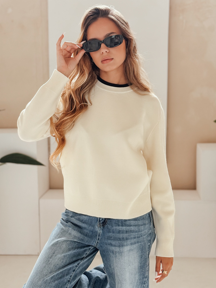 Smotanový dámsky sveter s kontrastným lemom DARMILA MY2506 Veľkosť: S/M