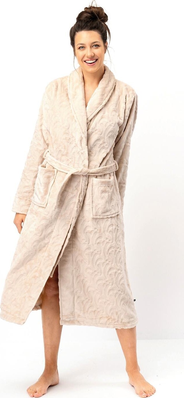 Key Béžový dámsky dlhý župan so vzormi LGL 605 B25 S-XL Veľkosť: L/XL, Barva: Béžová