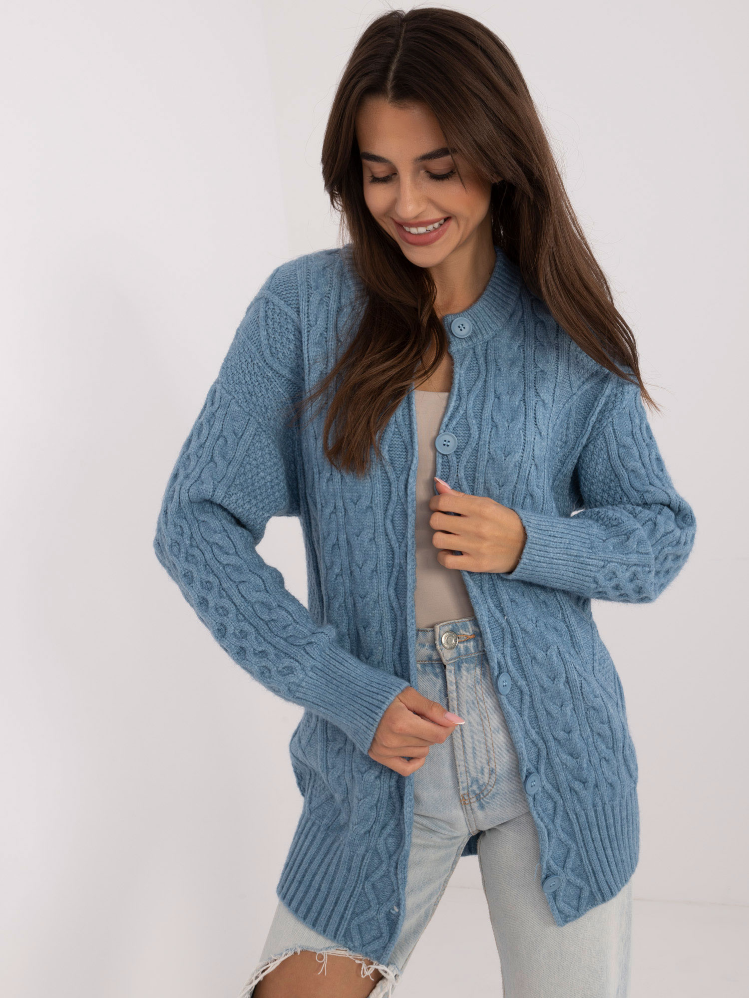 Modrý dámsky kardigán so zapínaním AT-SW-23525.21-blue Veľkosť: ONE SIZE