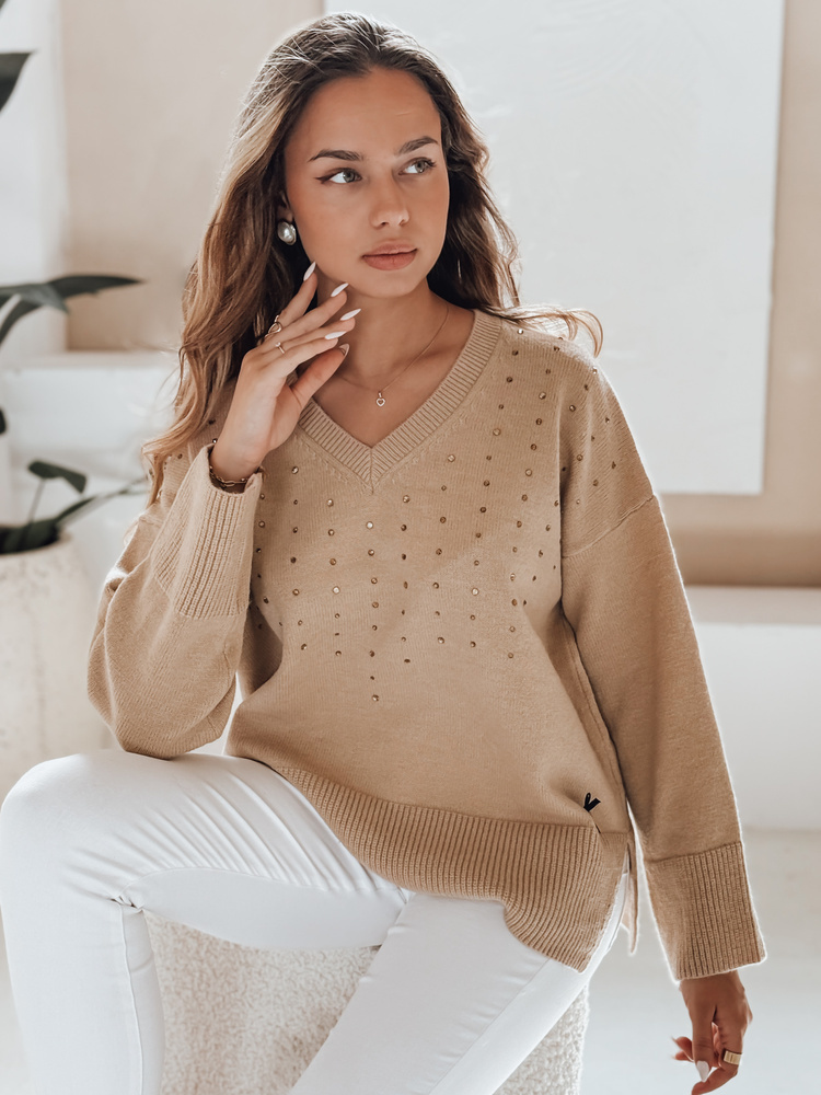 Camel dámsky viskózový sveter VERALIA s kamienkami a výstrihom do V MY2518 Veľkosť: M/L