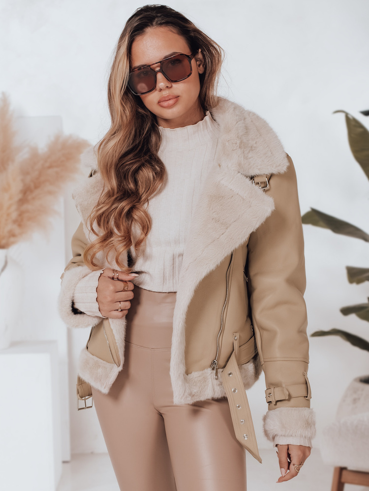 Béžová dámska koženková bunda s kožúškom TY4993 Veľkosť: XL