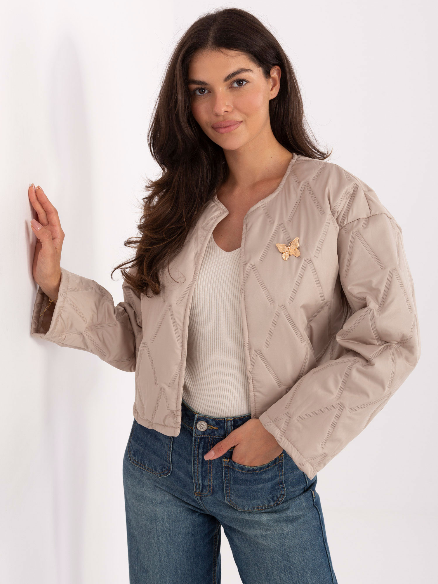 Ľahká béžová dámska prechodná bunda bez kapucne IT-KR-FL8357.82-beige Veľkosť: ONE SIZE