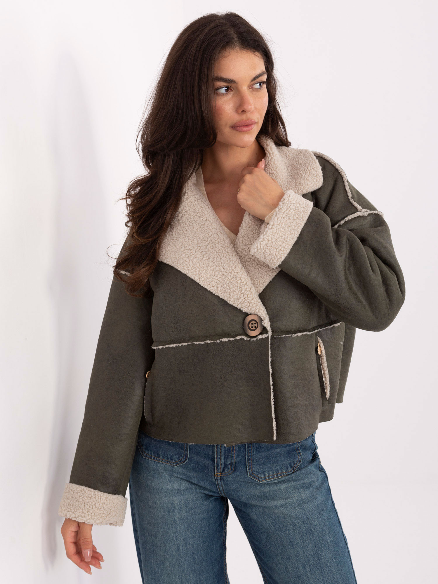 Kzaki dámska prechodná bunda s kožúškom IT-KR-95701.96-khaki Veľkosť: ONE SIZE