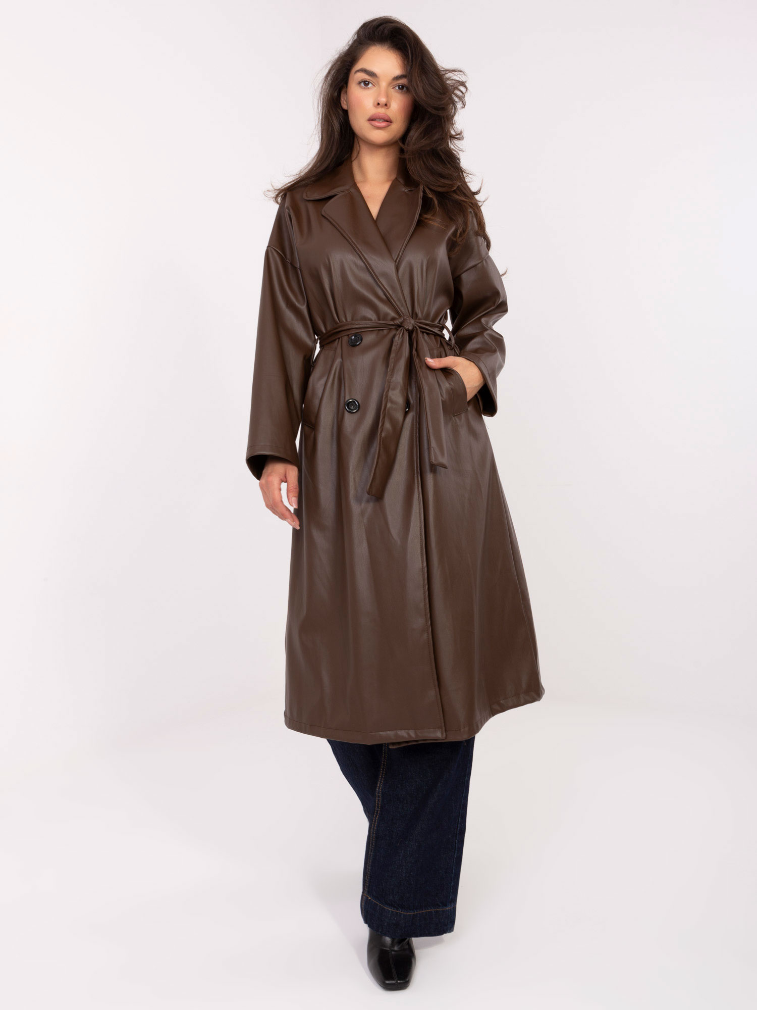 Tmavohnedý dámsky prechodný kabát z eko kože IT-PL-A8393.81-dark brown Veľkosť: ONE SIZE