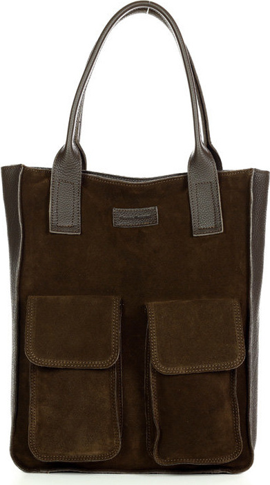 MARCO MAZZINI Tmavohnedá kožená shopper kabelka s vreckami (s131cc) Veľkosť: ONE SIZE