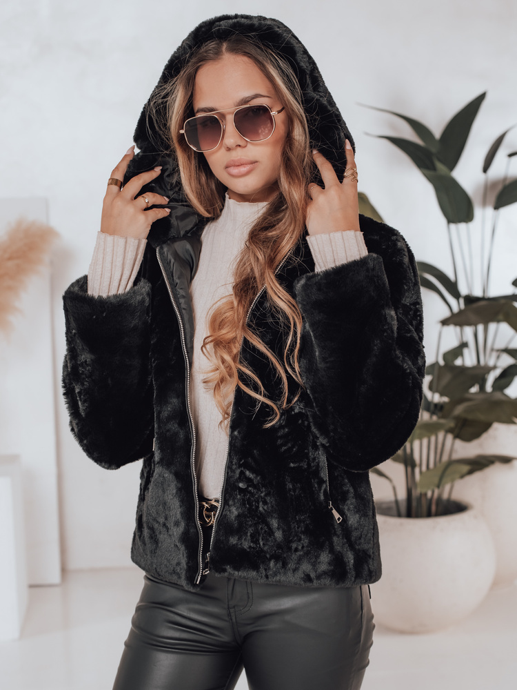 Čierna dámska kožúšková bunda ELMIRIS s vreckami TY4995 Veľkosť: S