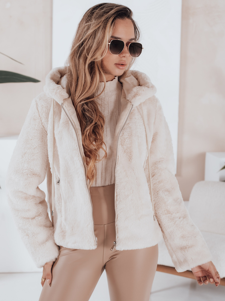 Béžová dámska kožúšková bunda ELMIRIS s vreckami TY4994 Veľkosť: M