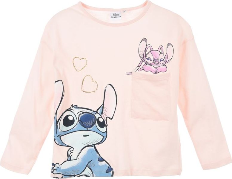 Svetloružové dievčenské tričko s dlhým rukávom a vreckom Disney Stitch Veľkosť: 98
