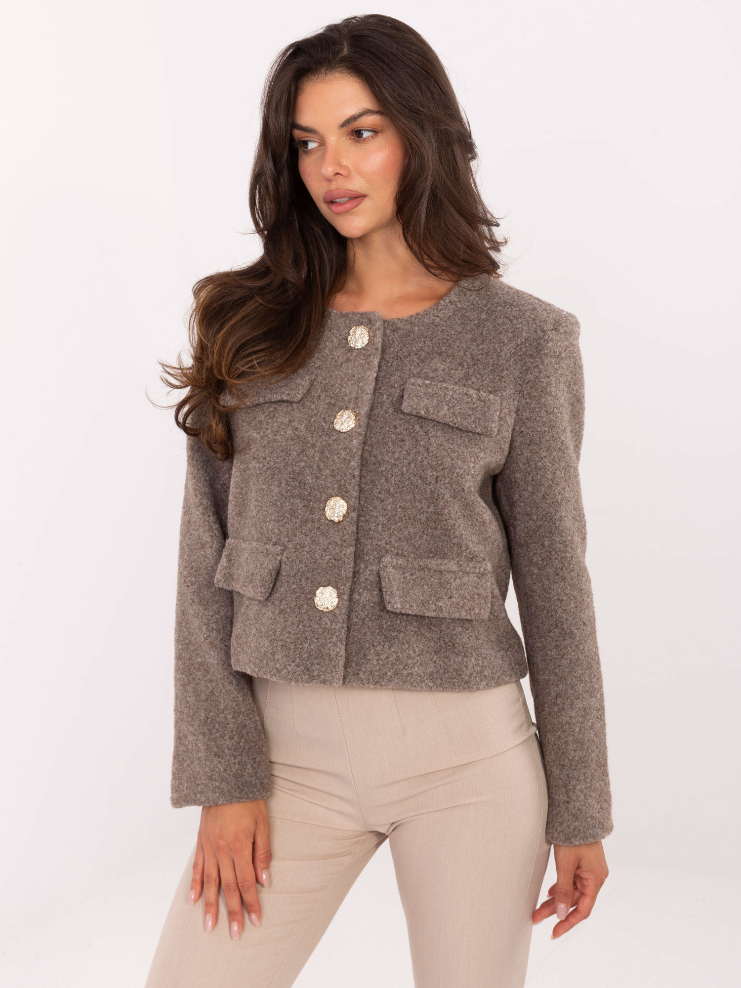Tmavobéžová dámska krátka prechodná bunda s podšívkou IT-KR-FL9586.64-dark beige Veľkosť: S/M