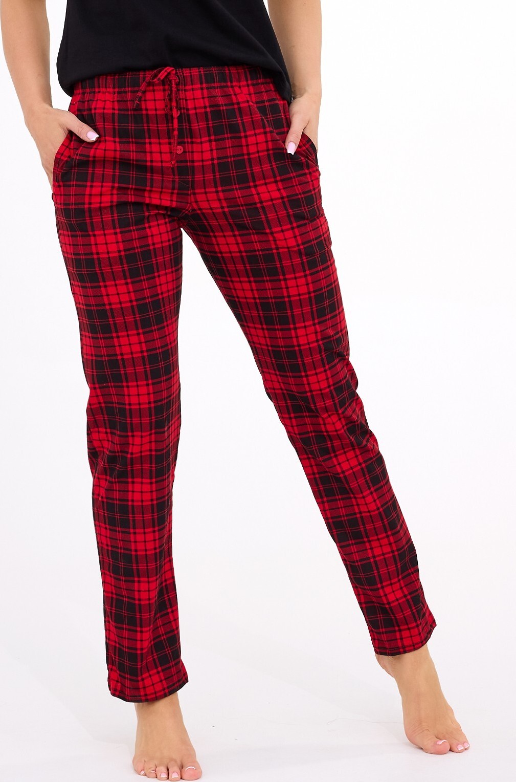 Cornette Červeno-čierne kárované dámske dlhé nohavice na spanie 690/45 S-2XL damskie Veľkosť: 2XL, Barva: Červená