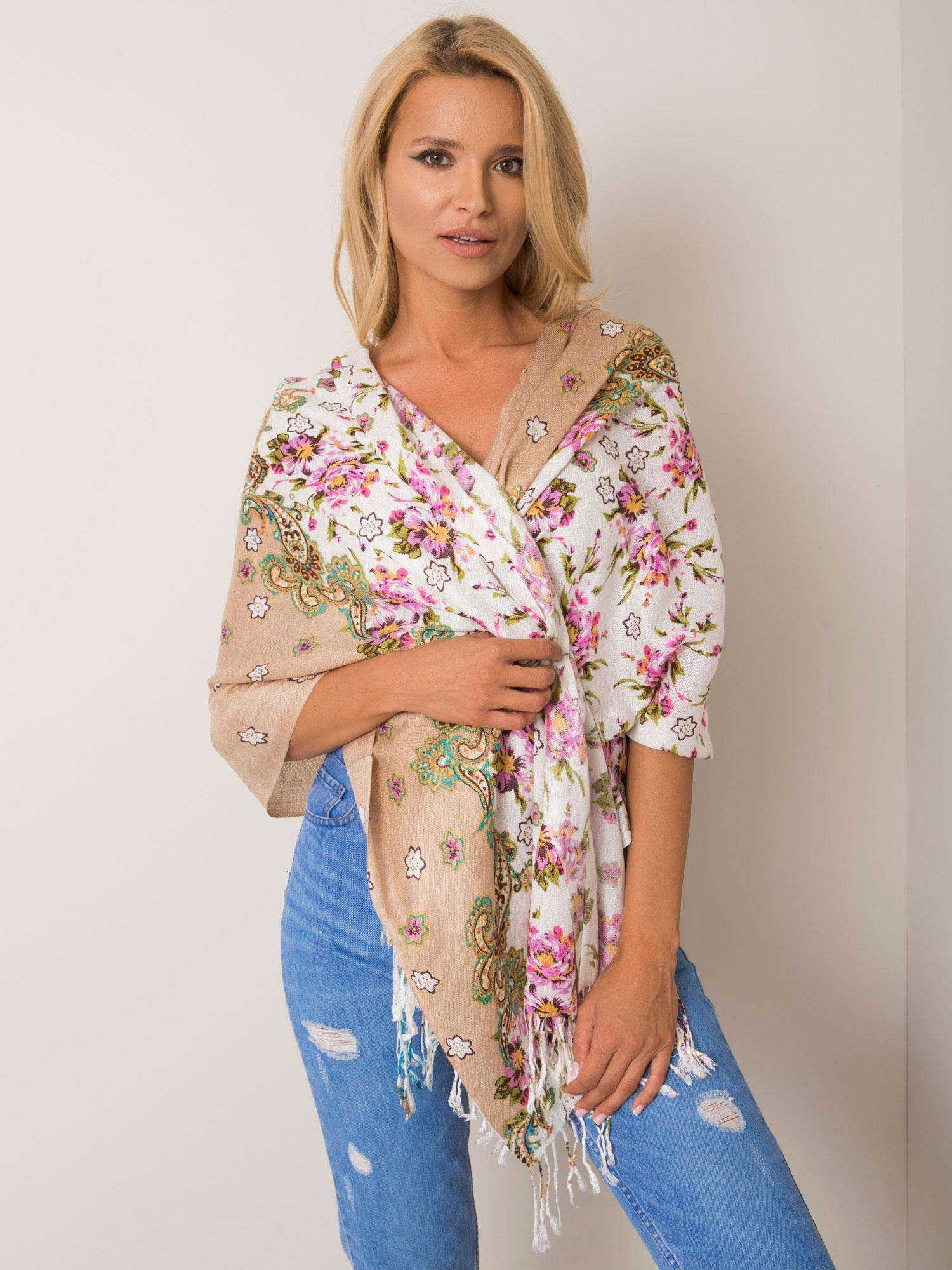 Béžovo-biela dámska šatka s motívom kvetín AT-CH-Q7-4-beige Veľkosť: ONE SIZE