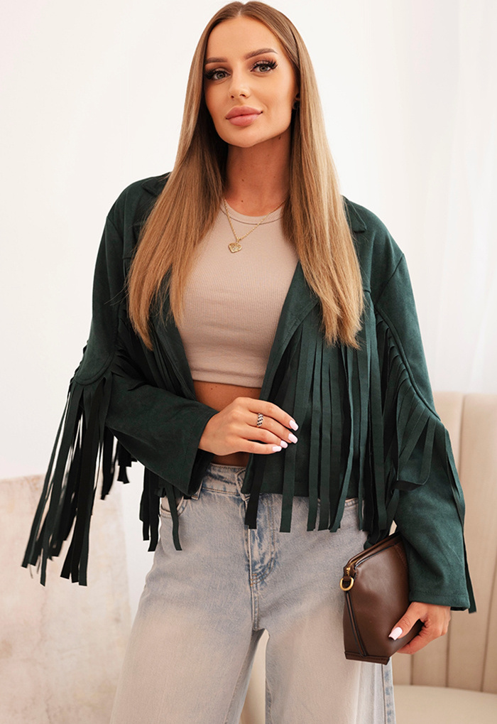 Tmavozelená dámska krátka semišová bunda so strapcami Veľkosť: ONE SIZE