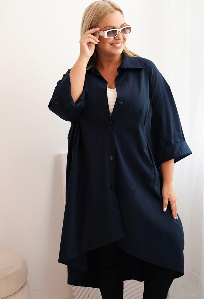 Tmavomodrý dámsky ľahký kabátik s klasickým golierom Veľkosť: ONE SIZE