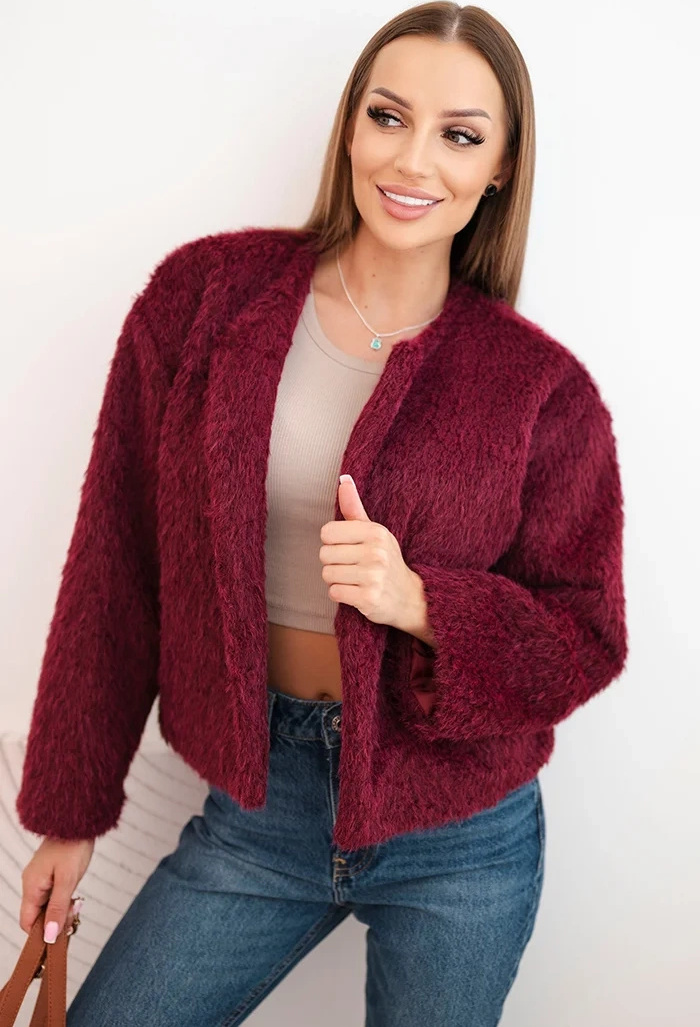Vínová dámska kožúšková bunda bez zapínania Veľkosť: ONE SIZE