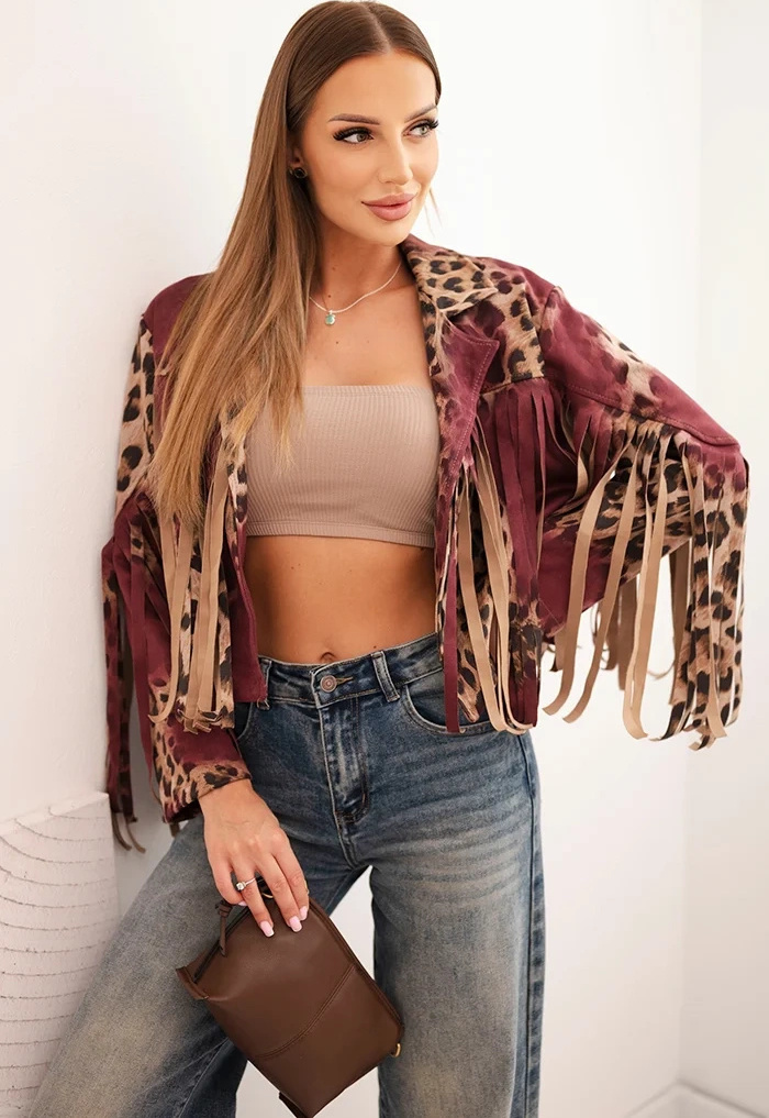 Vínová dámska bunda z viskózy so strapcami a leopardím vzorom Veľkosť: ONE SIZE