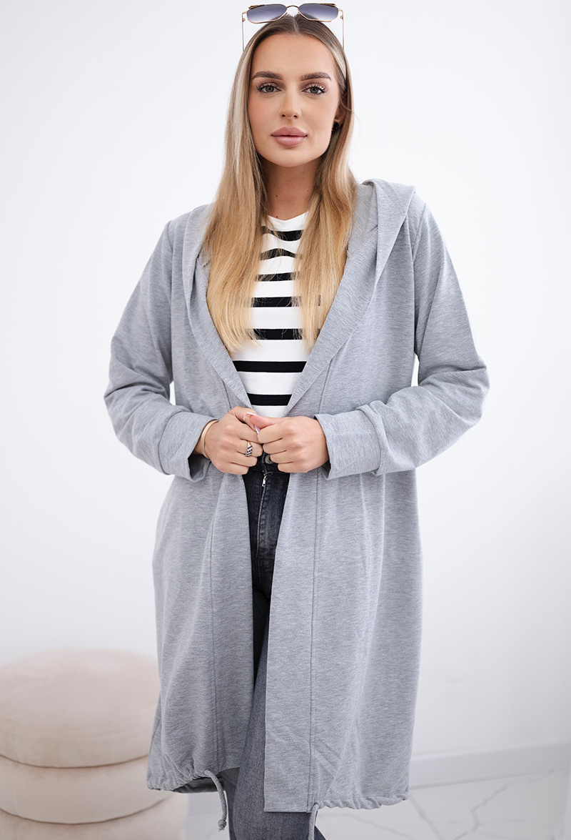 Sivý dámsky ležérny kardigan s kapucňou a potlačou na chrbte Veľkosť: ONE SIZE