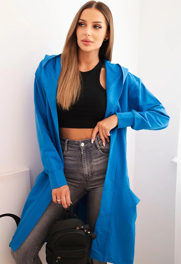 Modrý dámsky asymetrický kardigán s potlačou na chrbte Veľkosť: ONE SIZE