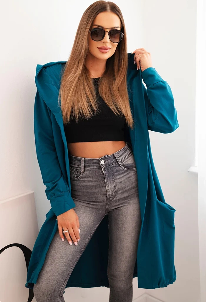 Tmavomodrý dámsky asymetrický kardigán s potlačou na chrbte Veľkosť: ONE SIZE