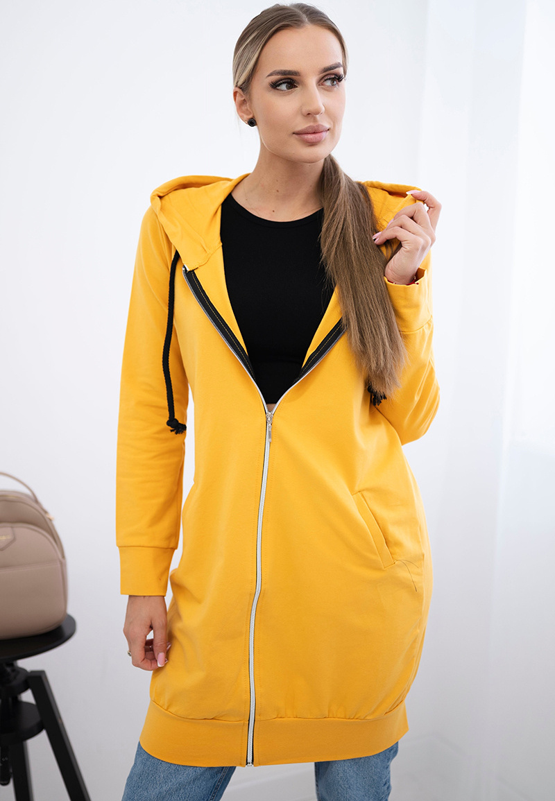 Horčicová dámska pohodlná dlhá mikina na zips s kapucňou Veľkosť: ONE SIZE