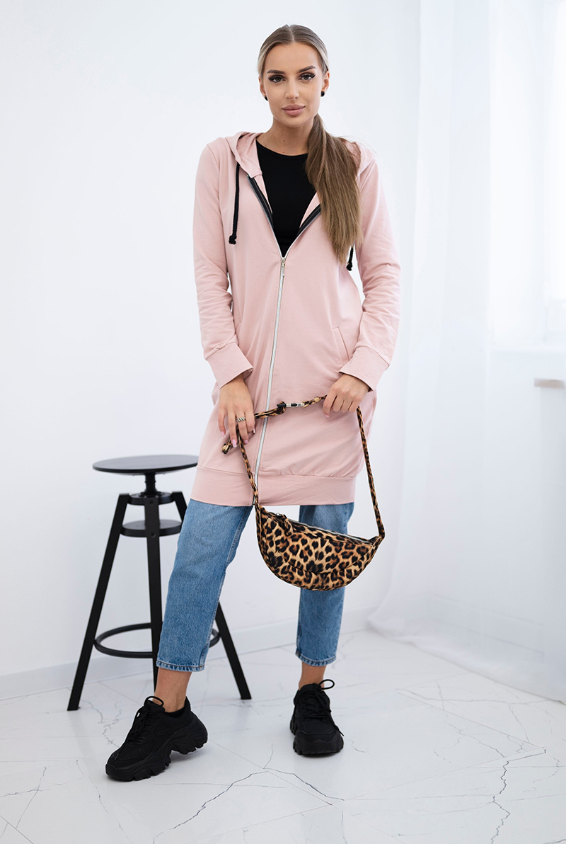 Púdrovo ružová dámska pohodlná dlhá mikina na zips s kapucňou Veľkosť: ONE SIZE