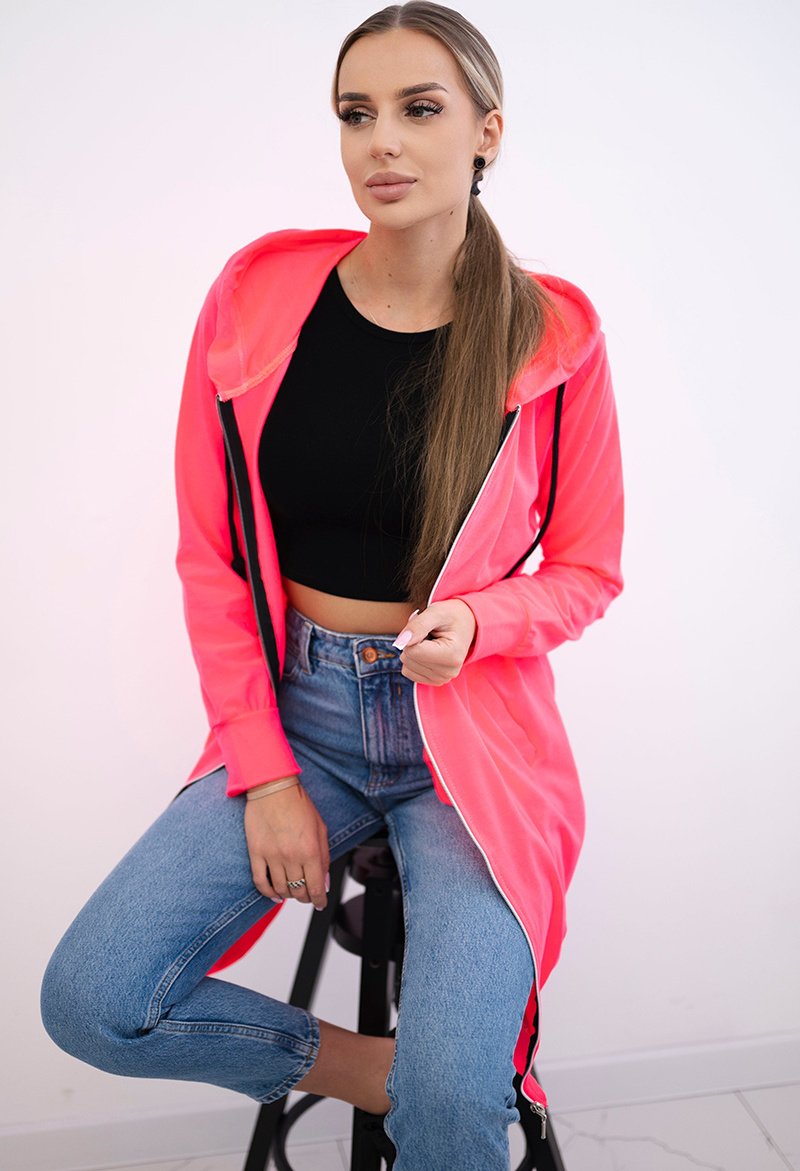 Neónovo ružová dámska pohodlná dlhá mikina na zips s kapucňou Veľkosť: ONE SIZE