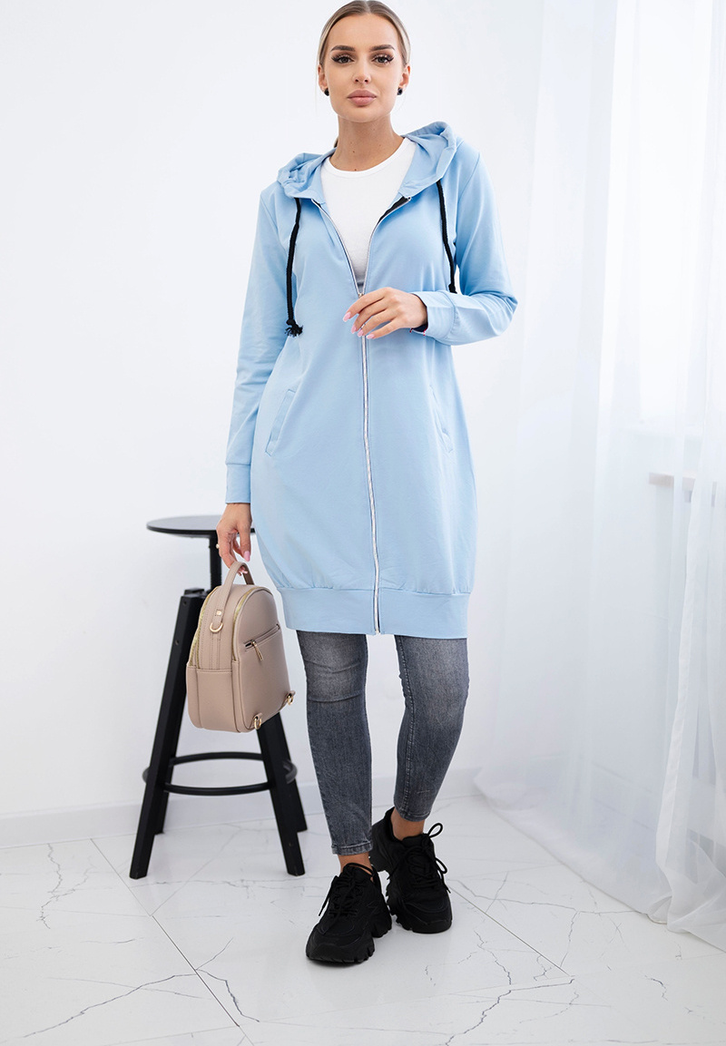Svetlomodrá dámska pohodlná dlhá mikina na zips s kapucňou Veľkosť: ONE SIZE