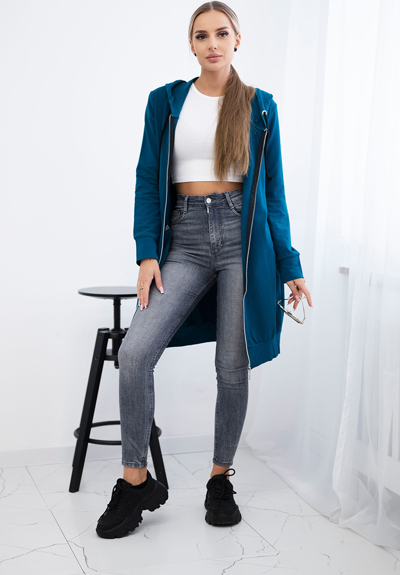 Tmavomodrá dámska pohodlná dlhá mikina na zips s kapucňou Veľkosť: ONE SIZE