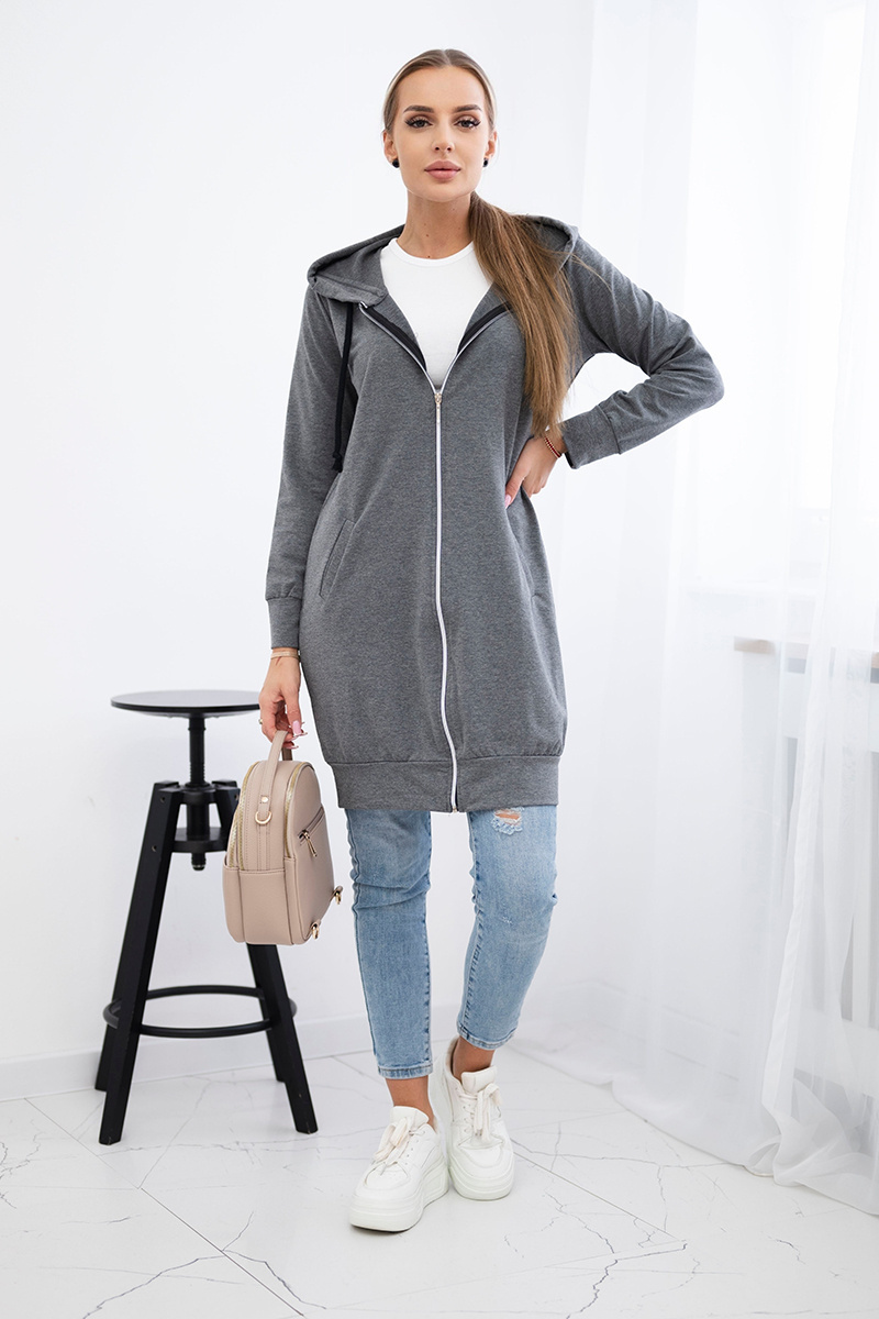 Tmavosivá dámska pohodlná dlhá mikina na zips s kapucňou Veľkosť: ONE SIZE