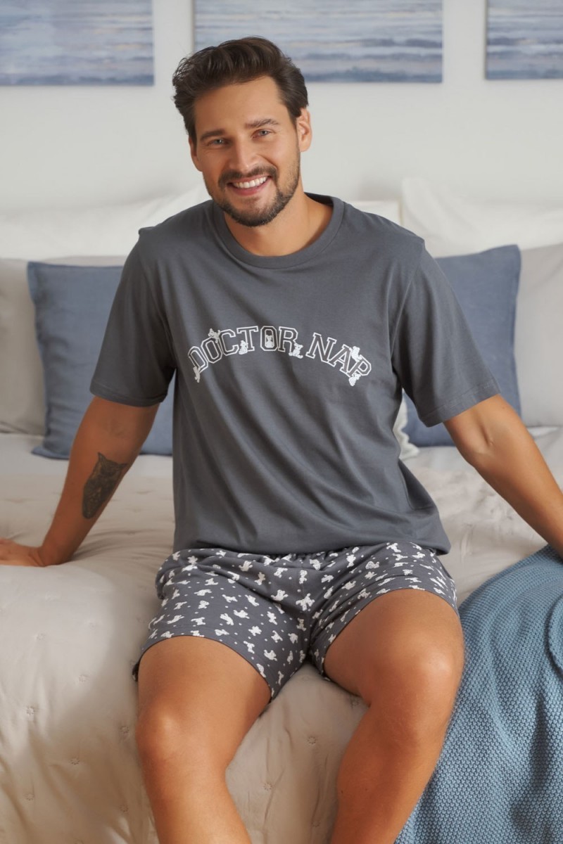 Sivé pánske pyžamo Doctor Nap s potlačou medvedíkov Veľkosť: S
