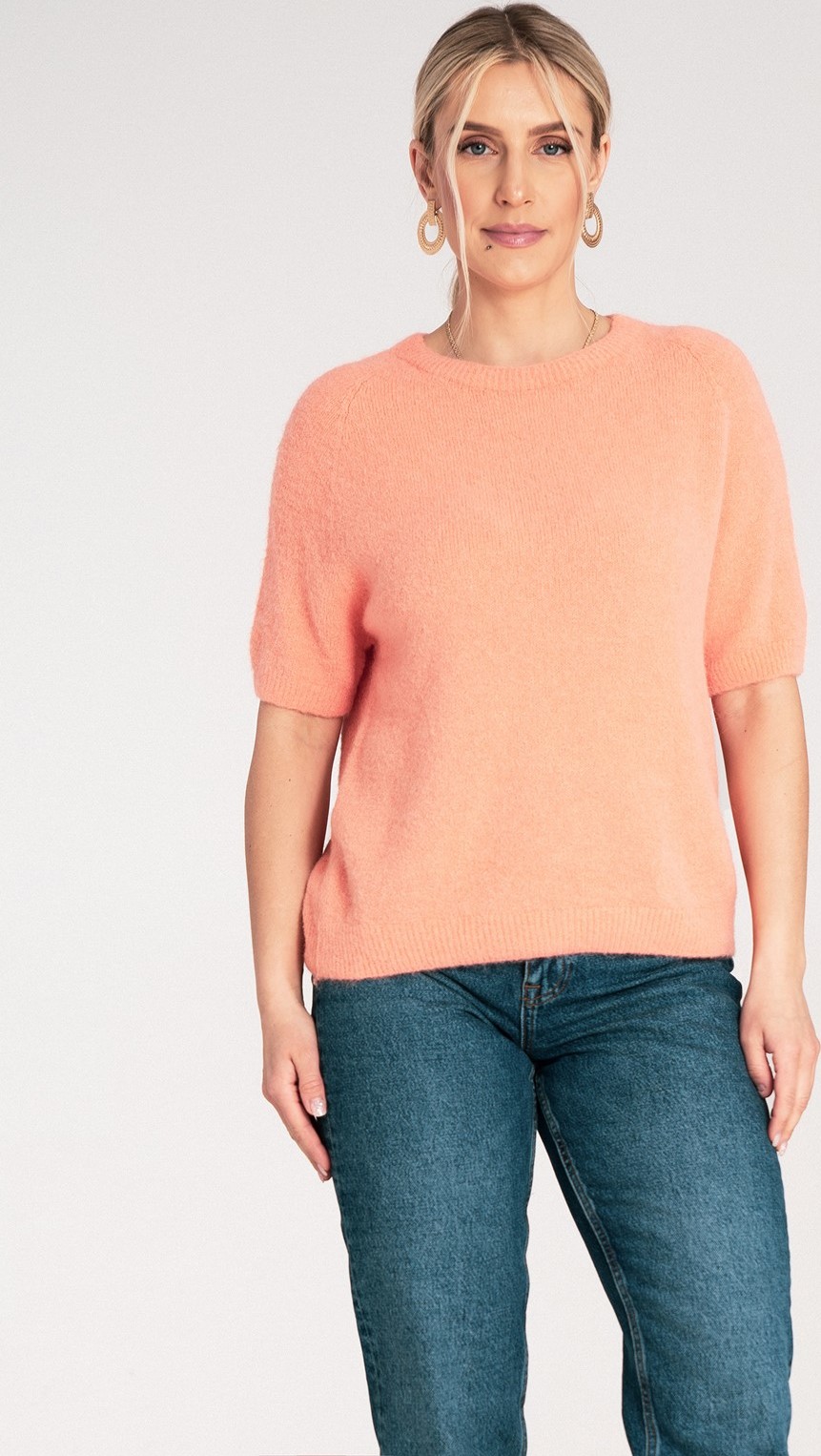 Marhuľový dámsky teplý sveter s krátkym rukávom M1210 Orange S/M Veľkosť: S/M