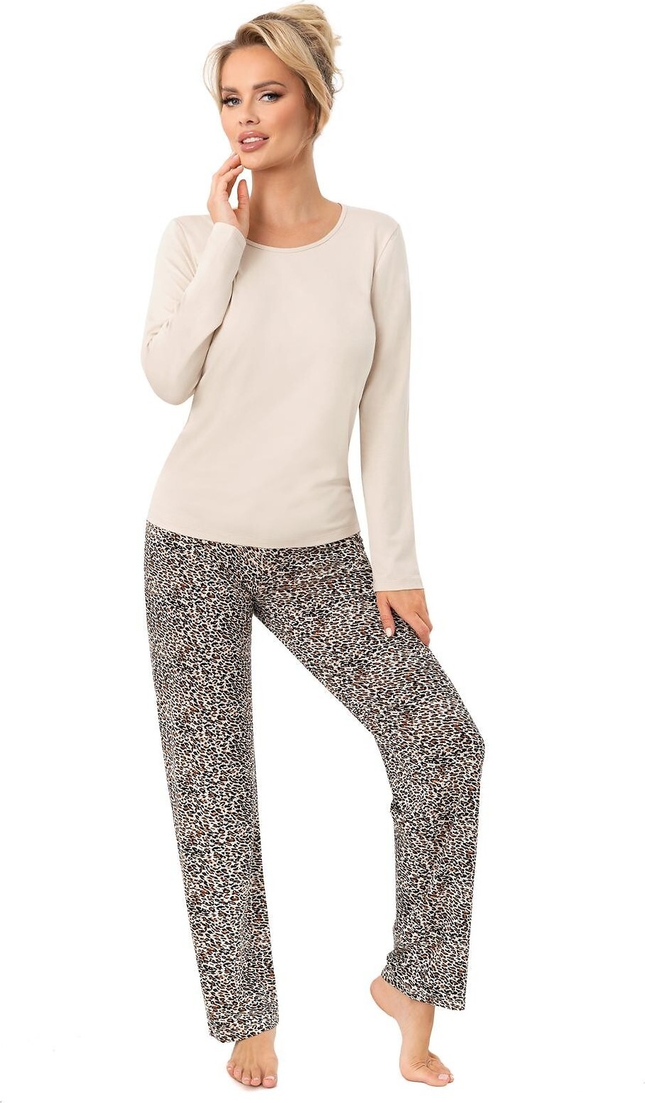Donna Dámske dlhé viskózové pyžamo s leopardím potlačou Omari Long dł/r S-2XL Veľkosť: L, Barva: Béžová