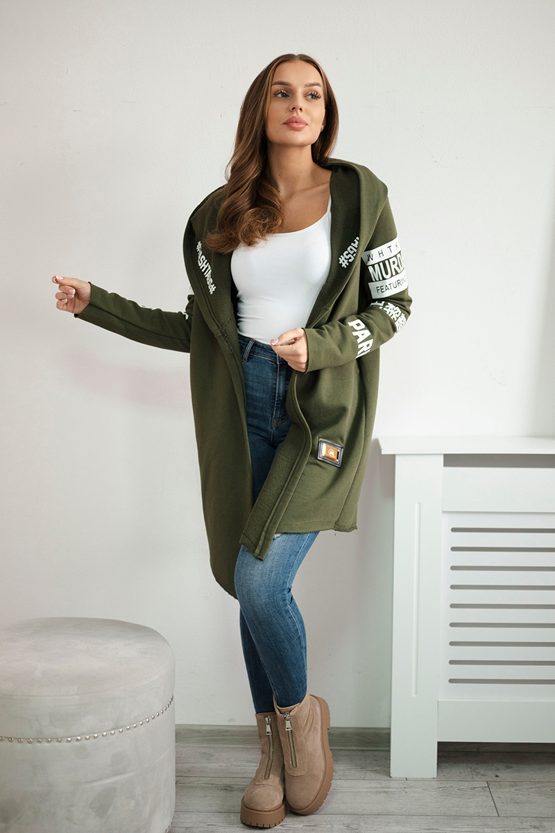 Khaki dámsky kardigán s nápismi a kapucňou Veľkosť: ONE SIZE