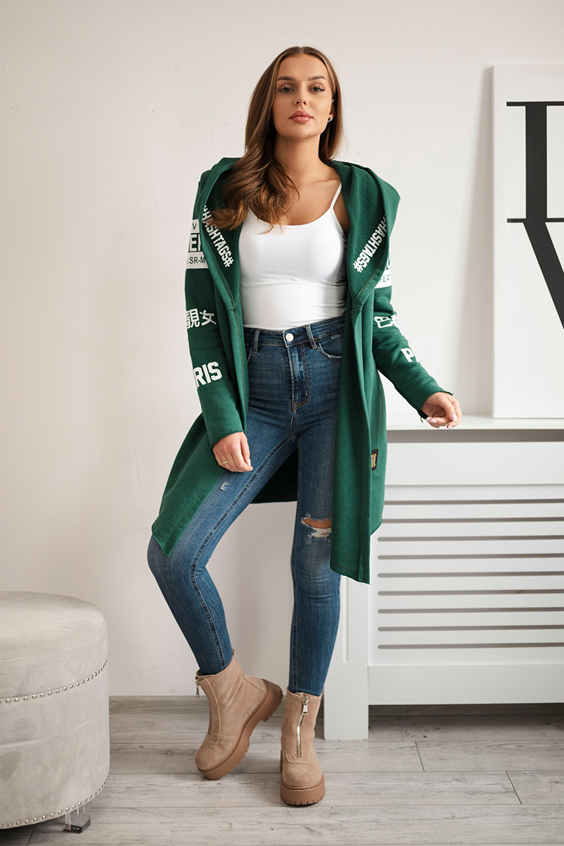Smaragdový dámsky kardigán s nápismi a kapucňou Veľkosť: ONE SIZE