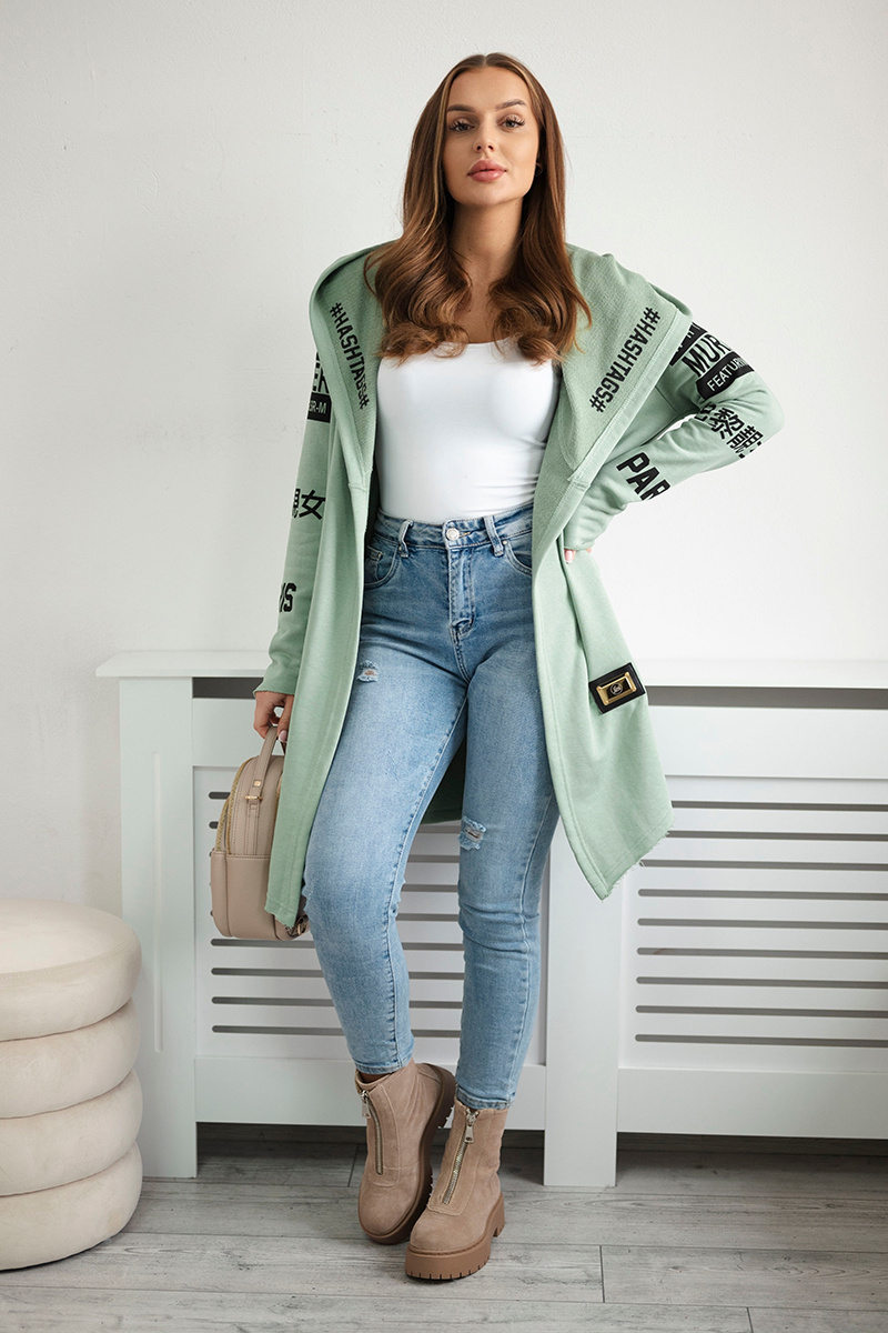 Mätový dámsky kardigán s nápismi a kapucňou Veľkosť: ONE SIZE