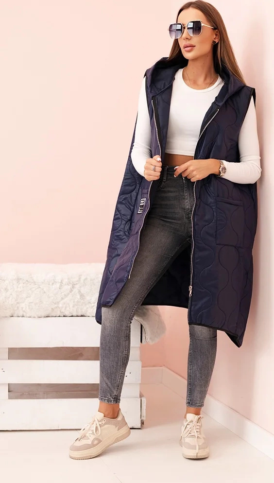 Tmavomodrá dámska oversize prešívaná vesta s kapucňou na zips Veľkosť: ONE SIZE