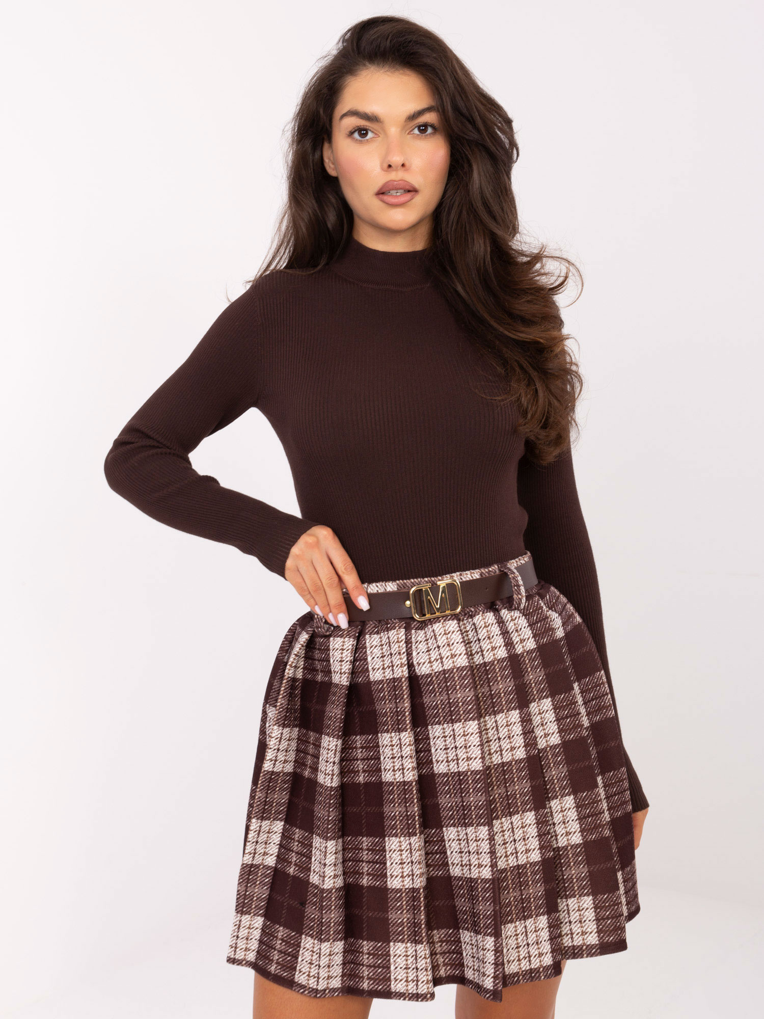Hnedá dámska károvaná mini sukňa MI-SD-4193.95-brown Veľkosť: ONE SIZE