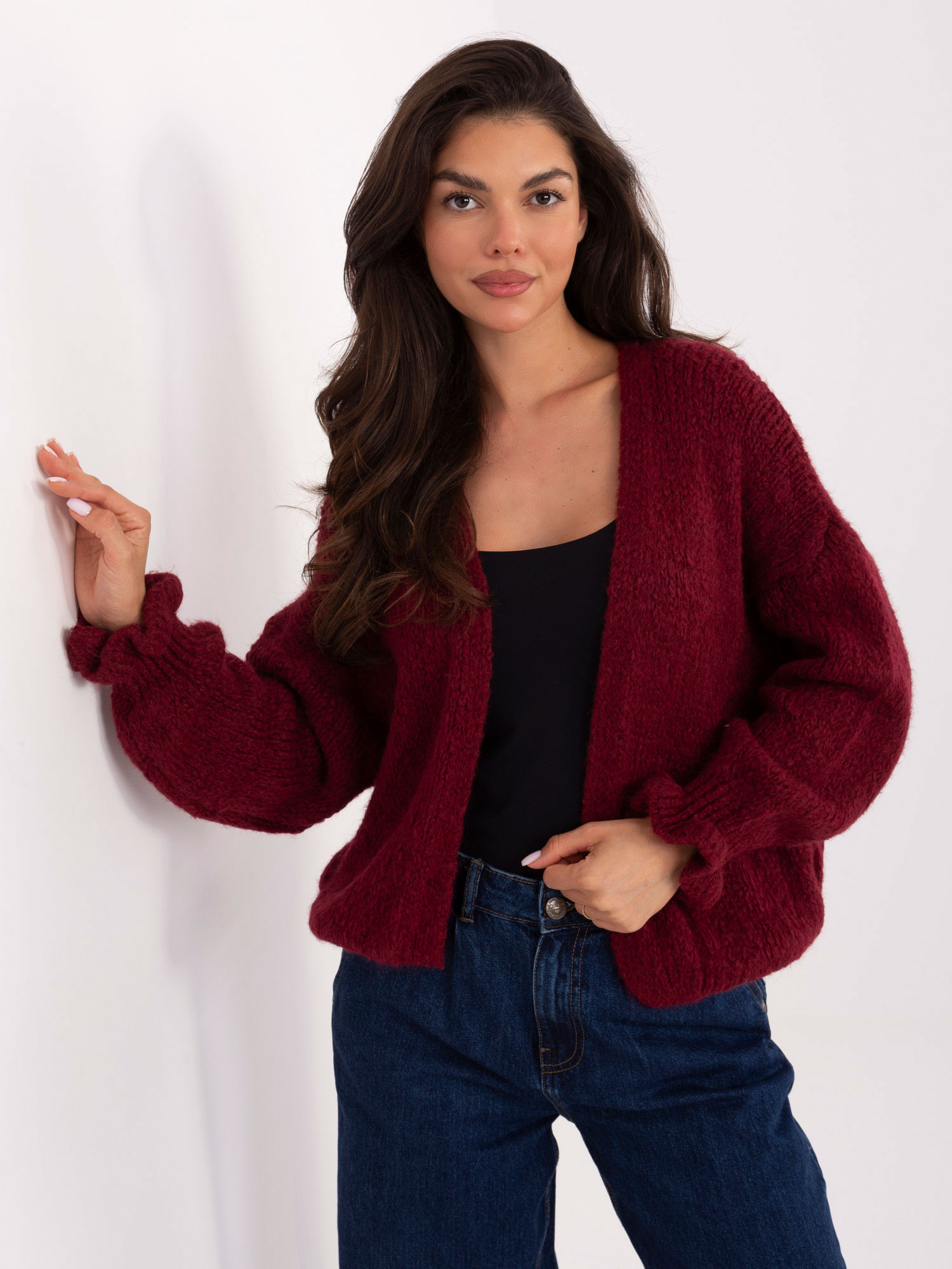 Vínový dámsky kardigan s viskózou MI-SW-0904.82-bordo Veľkosť: ONE SIZE