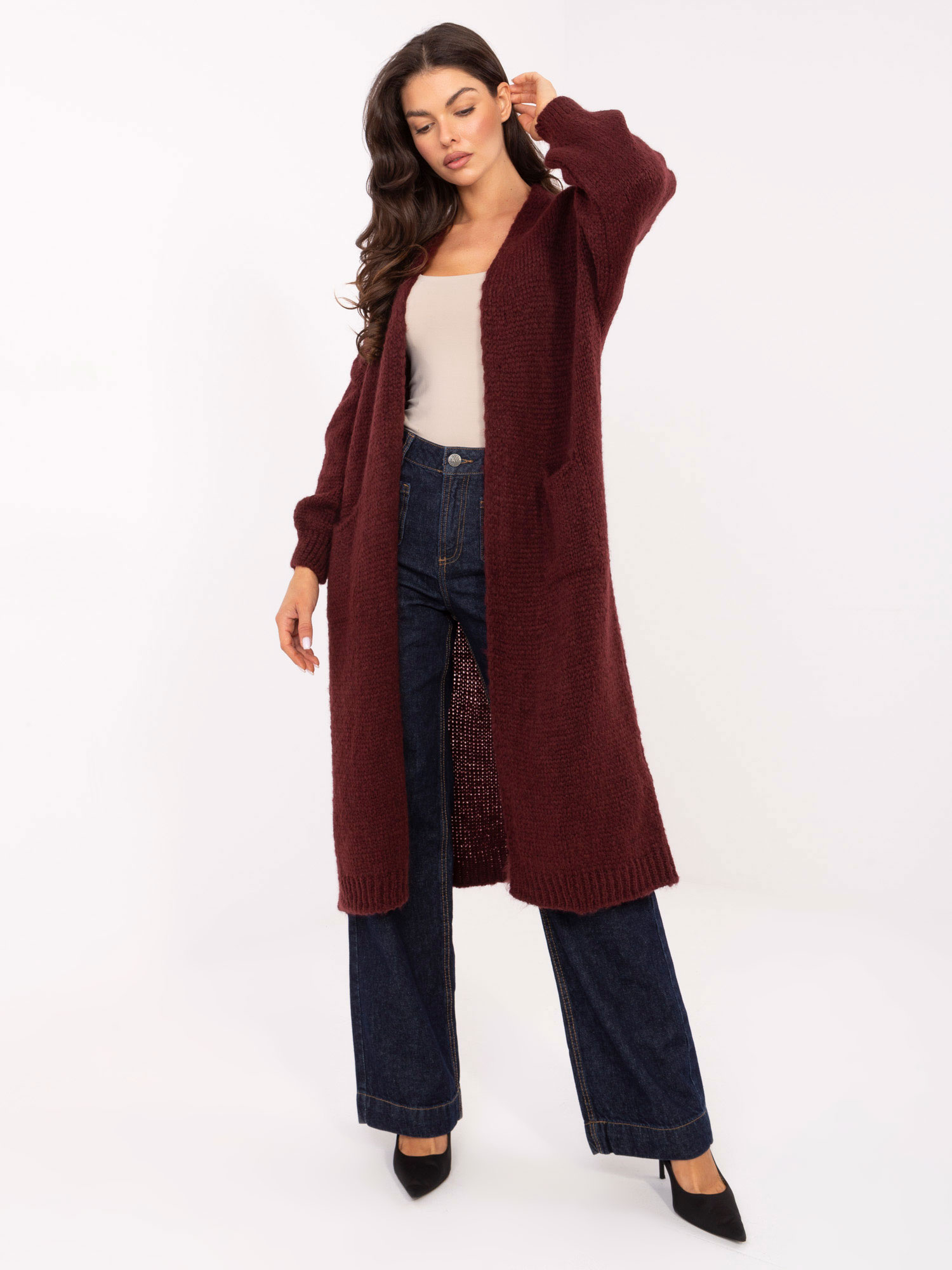 Vínový dlhý dámsky kardigan s vreckami MI-SW-WM6155.82-bordo Veľkosť: ONE SIZE