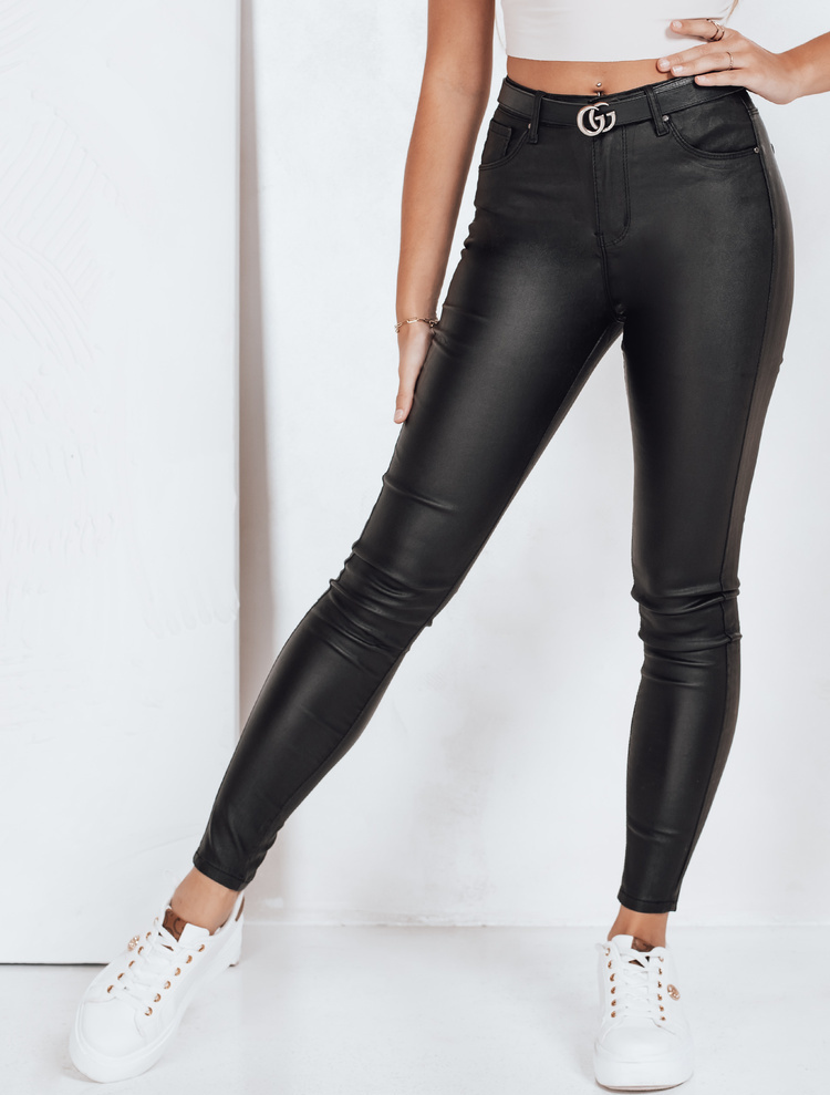 Čierne dámske koženkové nohavice s vysokým pásom UY2764 Veľkosť: 36
