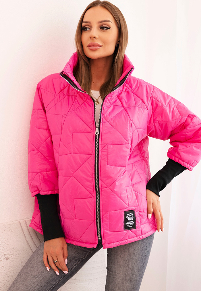 Ružová dámska prešívaná bunda so stojačikom a elastickými manžetami Veľkosť: ONE SIZE