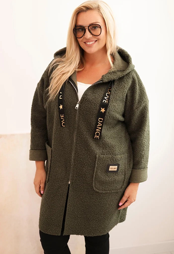 Khaki štýlový dámsky plus size teddy kabátik na zips s kapucňou Veľkosť: ONE SIZE