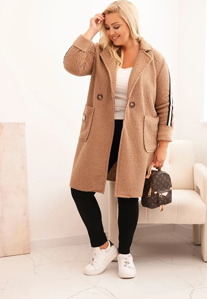 Camel dámsky plus size teddy kabát s vreckami Veľkosť: ONE SIZE