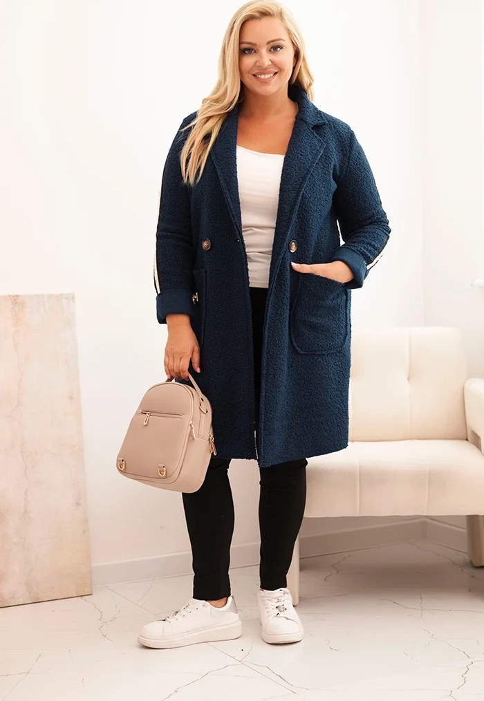 Tmavomodrý dámsky plus size teddy kabát s vreckami Veľkosť: ONE SIZE
