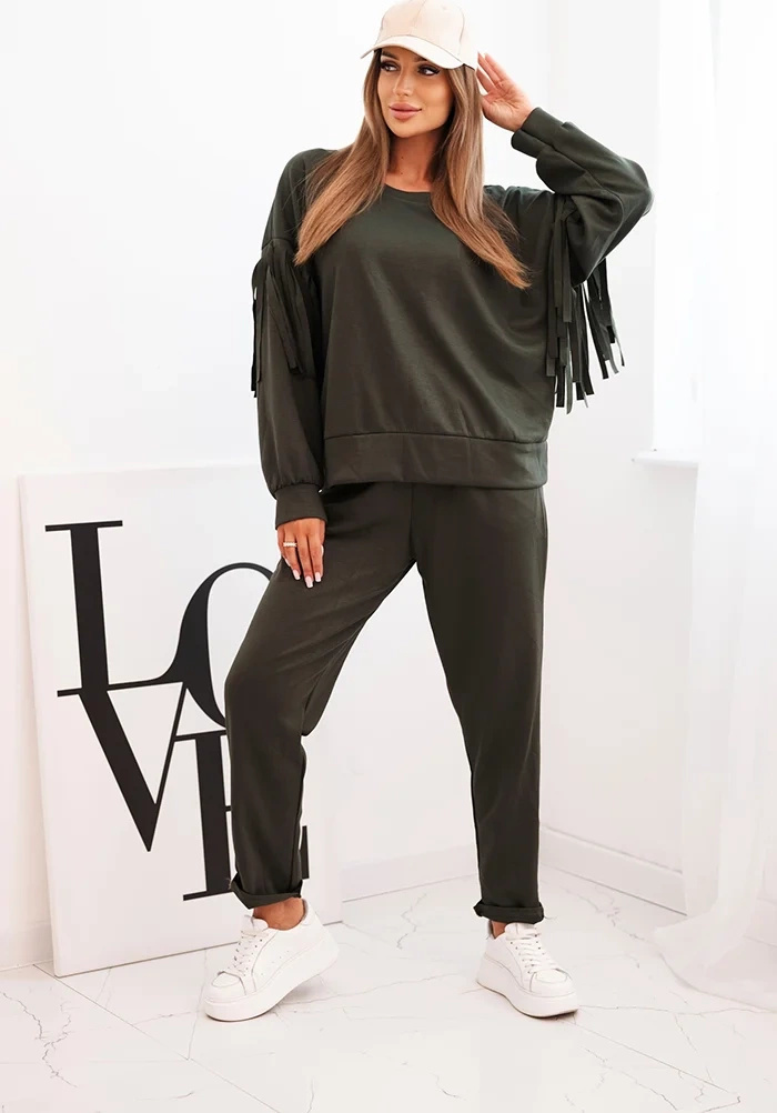 Khaki dámska viskózová tepláková súprava so strapcami na rukávoch Veľkosť: ONE SIZE