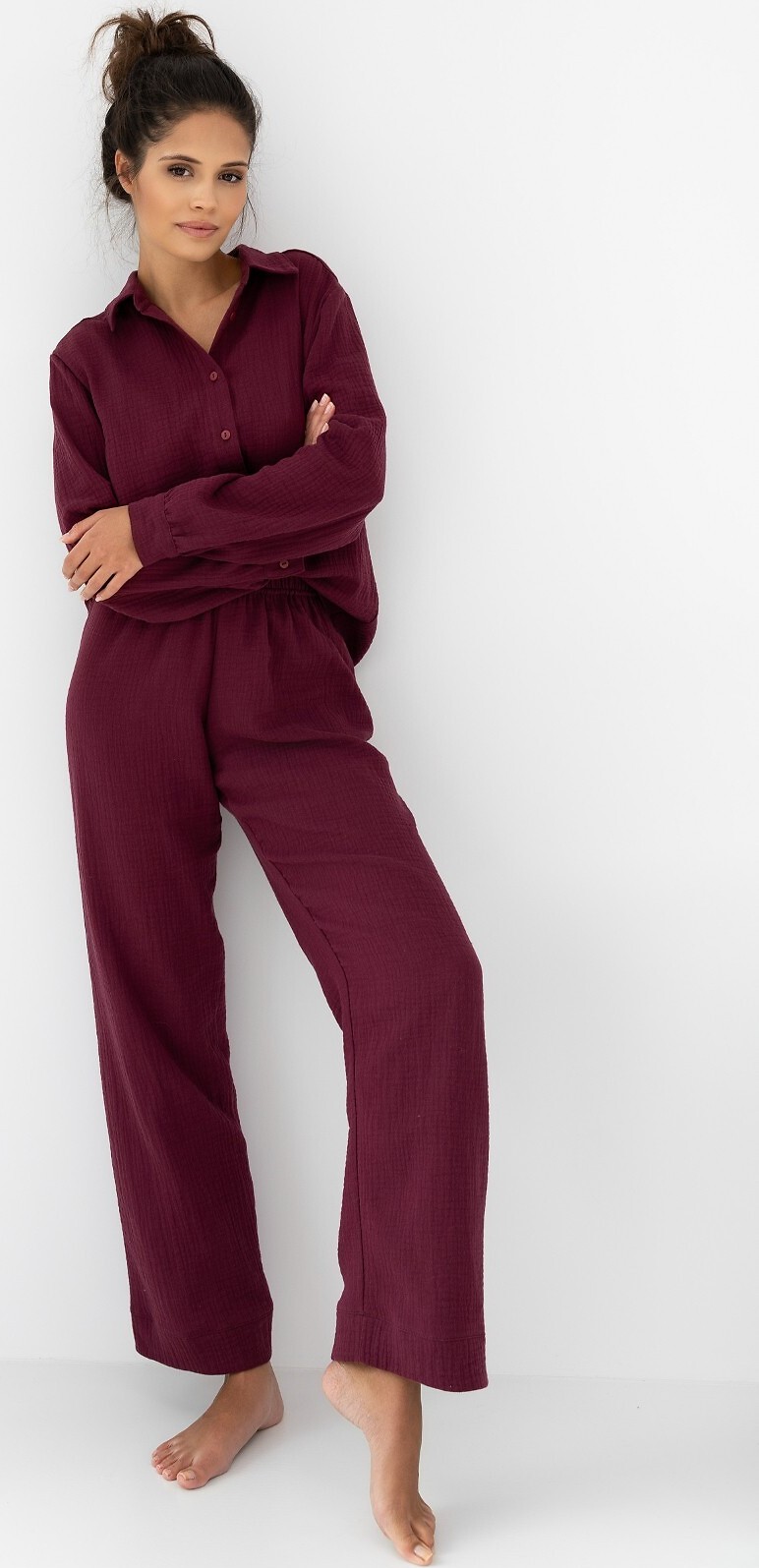 Sensis Vínové dámske mušelínové pyžamo S-XL rozpinaný Veľkosť: L, Barva: Vínová