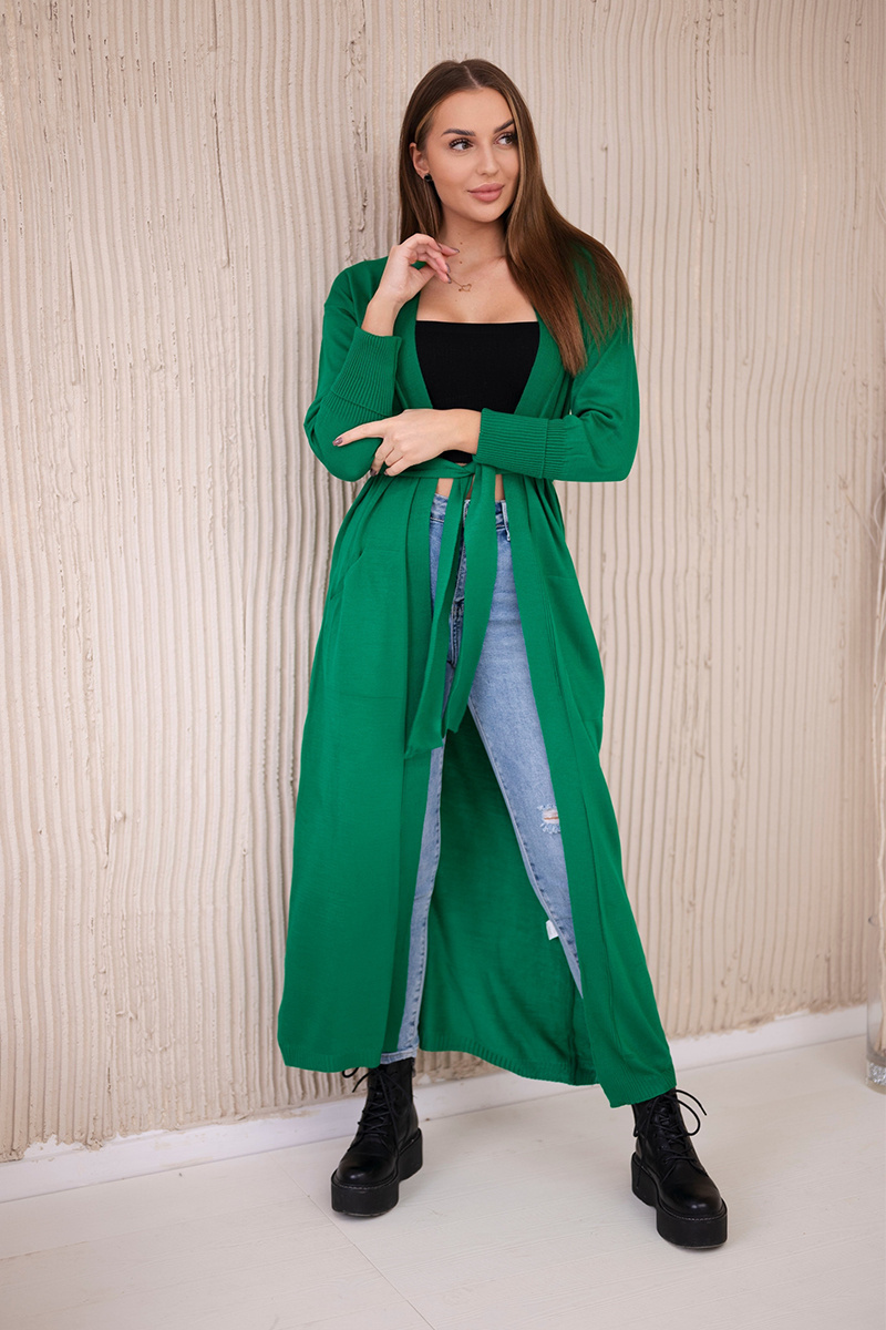 Zelený dlhý dámsky kardigán so zaväzovaním v páse Veľkosť: ONE SIZE